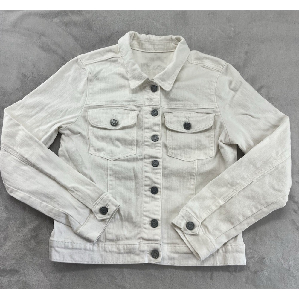 KUT of the Kloth Trucker Jacket Women XL White Stretch Chest Flap Pockets Casual